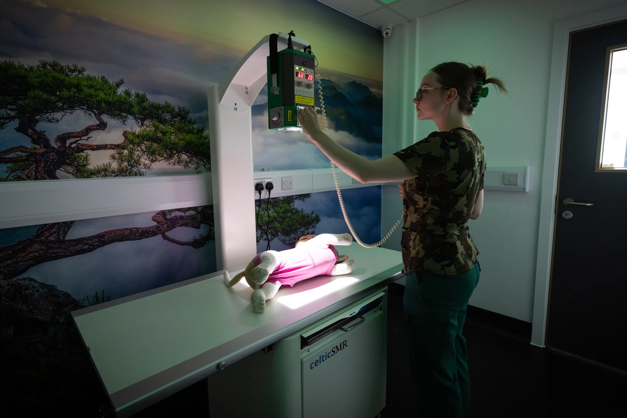 Radiography in progress at Vetemis Referrals, Brownhills, with the wall-mounted X-ray arm positioned over the imaging table
