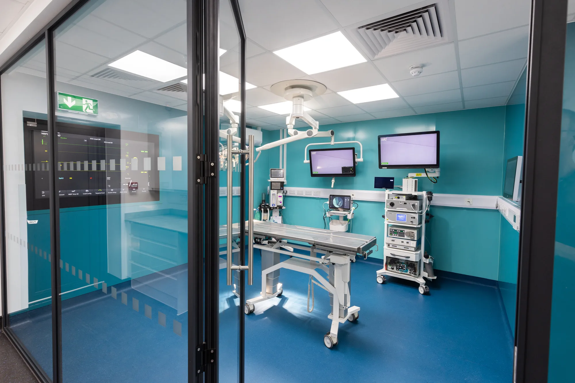 Operating theatre suite at Vetemis Referrals, Brownhills, seen through full-height glazed partitions